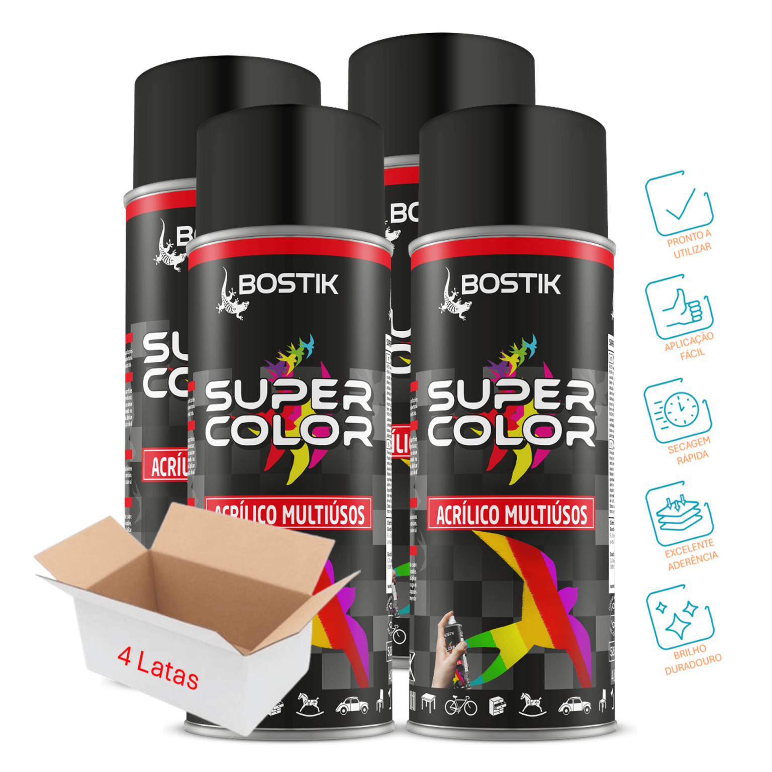Spray Acr lico Super Color Preto Opaco Bostik 4 X Lata 400ml spray-acr-lico-super-color-preto-opaco-bostik-4-x-lata-400ml